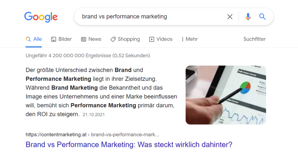 SERP-featured Snippet. Screenshot von SERP Feature von einer Webseite mit Bild und Text.