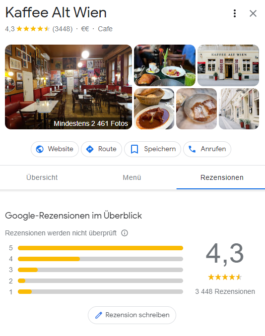 Google Bewertungen eines Kaffeehauses in Wien