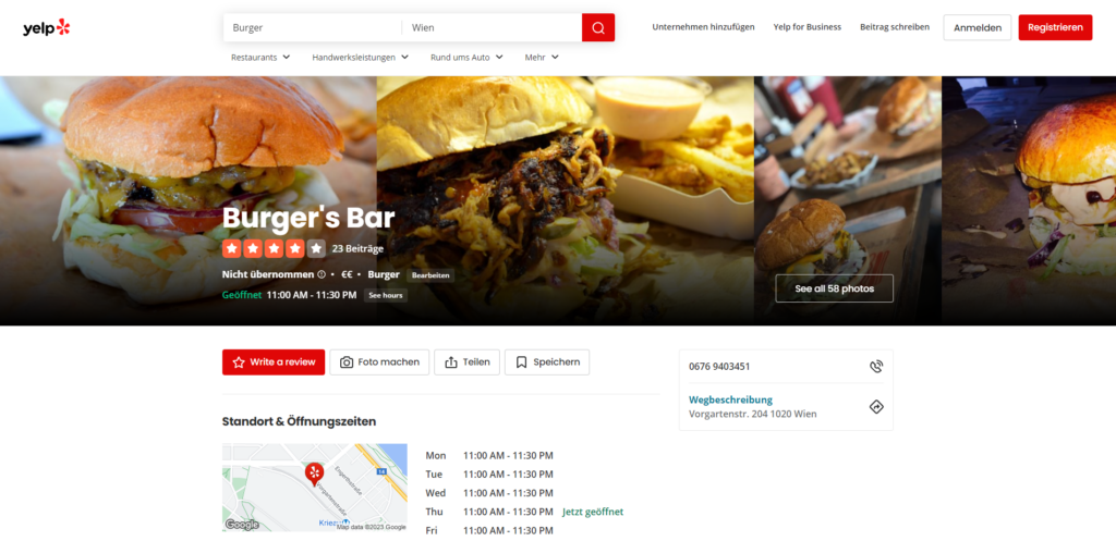 Direkte Local Citation auf yelp.at - Eintrag eines Burgerrestaurants