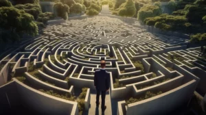 Mit der richtigen Kanalstrategie die besten Kommunikationskanäle finden_ Der man steht vor einer Labyrinth