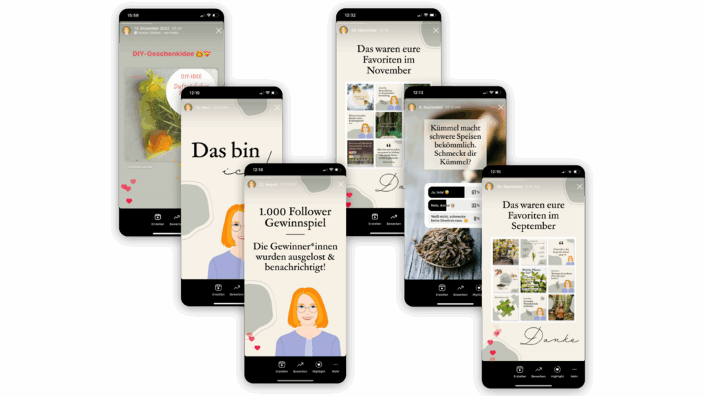 Auf sieben Smartphone-Bildschirmen werden verschiedene Instagram-Storys in deutscher Sprache angezeigt, darunter Rezepte, Giveaways und Benutzerfavoriten mit Text- und Bild- oder Fotoinhalten, kuratiert von einer führenden Instagram-Agentur. Instagram Agentur Leistungen.