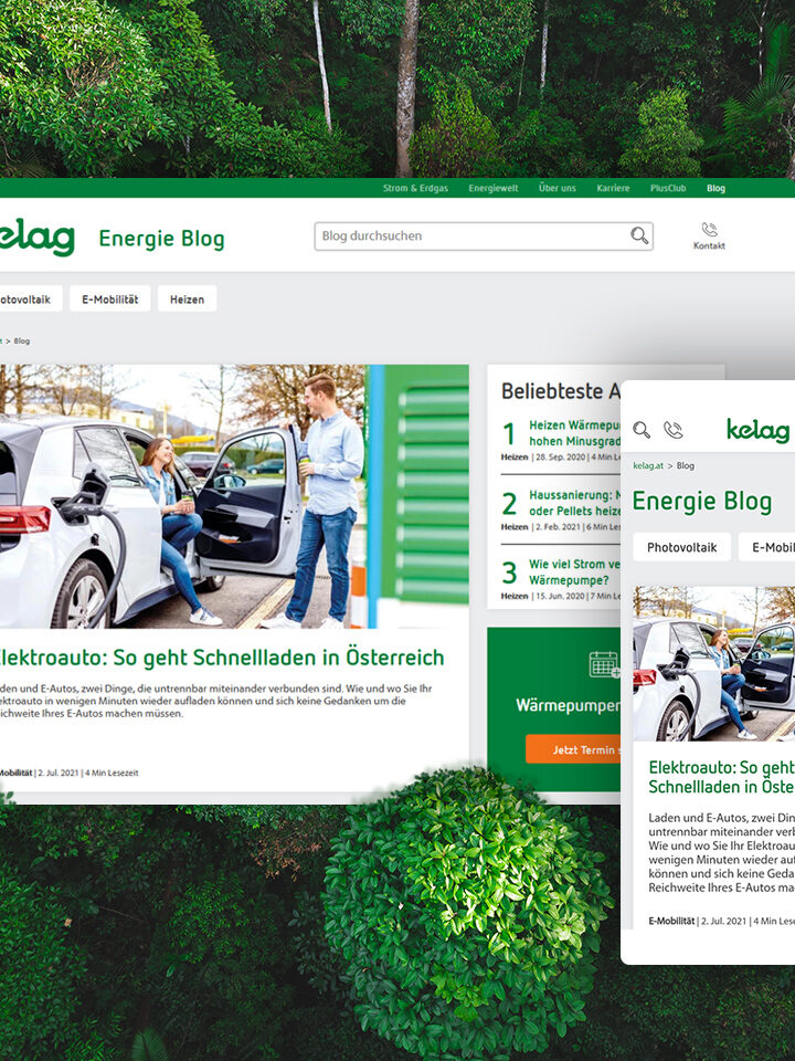 Wald, darüber Screenshot vom Kelag Blog einmal auf Desktop und einmal auf Mobile