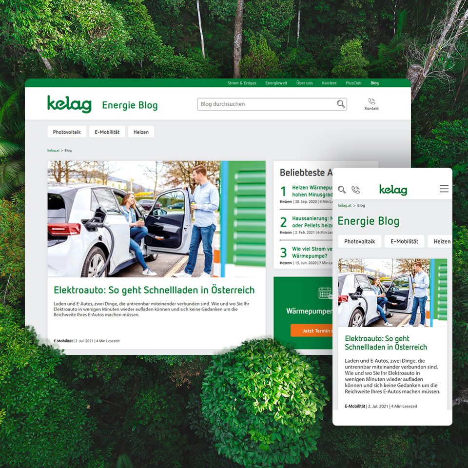 Wald, darüber Screenshot vom Kelag Blog einmal auf Desktop und einmal auf Mobile