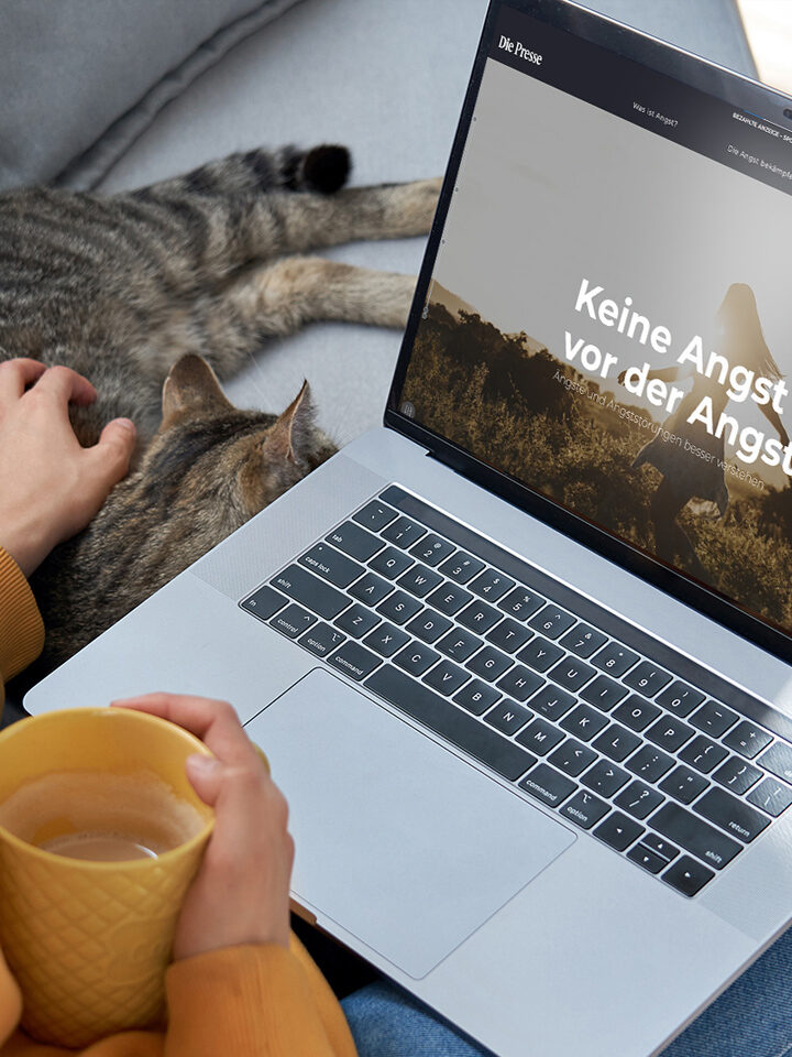 Eine Person sitzt mit einer Katze auf einer Couch, hält eine gelbe Tasse in der Hand und benutzt einen Laptop, auf dem das Dossier 