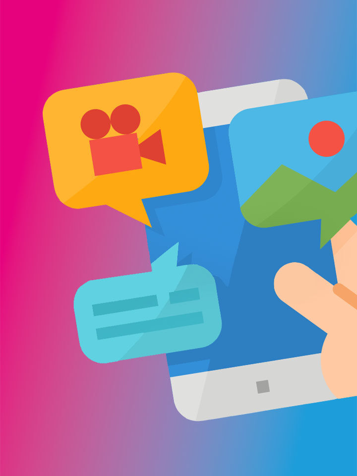 Illustration einer Hand, die ein Smartphone-Display mit bunten Sprechblasen für Video-, Bild- und Textnachrichten auf einem Hintergrund mit rosa und blauem Farbverlauf berührt.