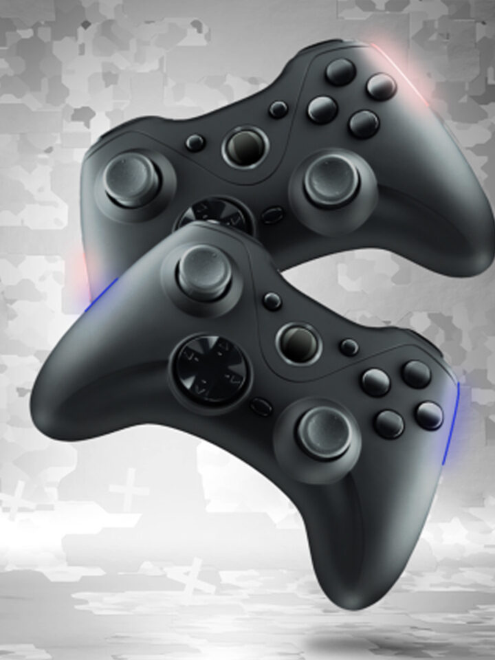 Zwei schwarze kabellose Gaming-Controller schweben vor einem abstrakten Graustufen-Hintergrund und fangen die dynamische Energie des eSports ein.