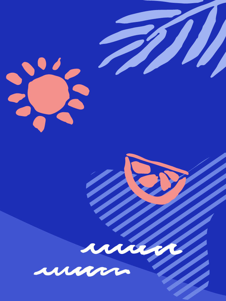 Abstrakter blauer Hintergrund mit salmonfarbener Sonne und Zitronenstück.
