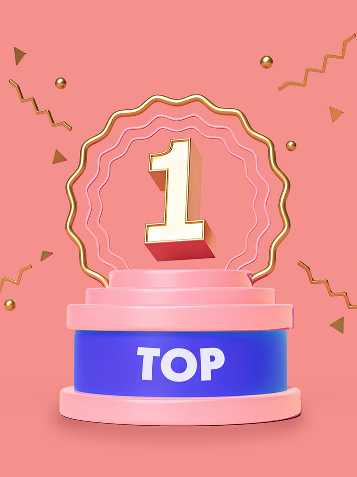 Eine 3D-Illustration einer goldenen und weißen Nummer-1-Trophäe auf einem rosa und blauen Podium mit der Aufschrift 