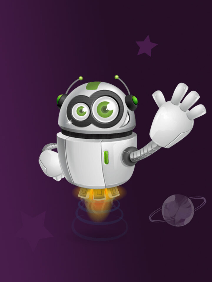 Ein Cartoon-Roboter mit großen grünen Augen und Stichflammen, winkt auf einem dunkelvioletten Hintergrund mit Sternen und einem Planeten.