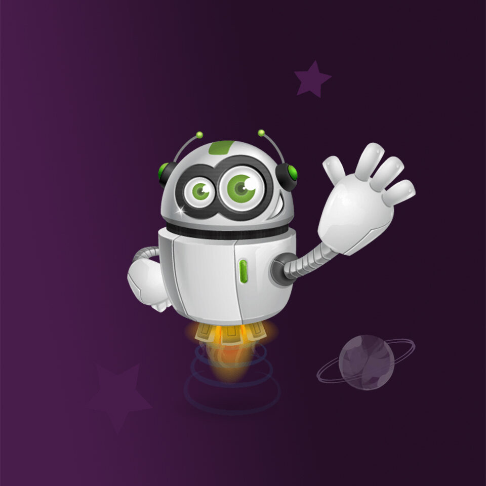 Ein Cartoon-Roboter mit großen grünen Augen und Stichflammen, winkt auf einem dunkelvioletten Hintergrund mit Sternen und einem Planeten.