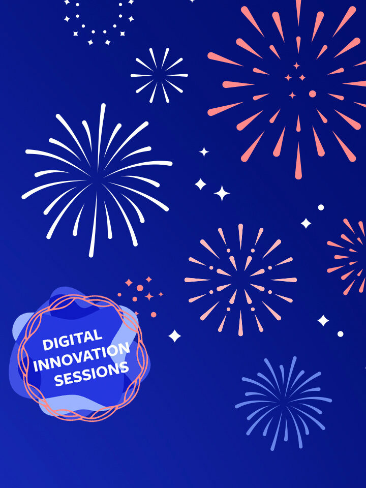 Feuerwerk in Weiß und Orange explodiert vor blauem Hintergrund. Auf einem Schild links steht in weißer Schrift „Digital Innovation Sessions“.