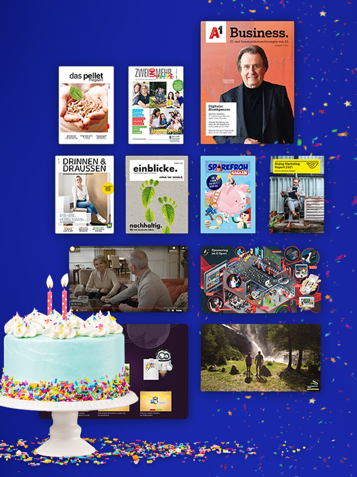 Eine blaue Geburtstagstorte mit Kerzen steht vor einer Reihe von Magazinen, Karten und Geschenkartikeln - die perfekte Inspiration für kreatives Content Marketing - vor einem blauen, mit Konfetti bestreuten Hintergrund.
