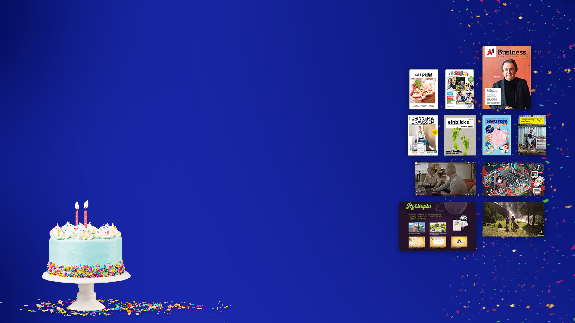 Eine blaue Geburtstagstorte mit Kerzen steht vor einer Reihe von Magazinen, Karten und Geschenkartikeln - die perfekte Inspiration für kreatives Content Marketing - vor einem blauen, mit Konfetti bestreuten Hintergrund.