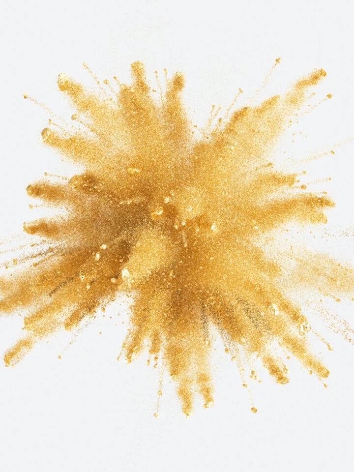 Goldpulver schießt in einem radialen Muster vor einem weißen Hintergrund hervor und fängt die dynamische Energie des Content-Marketings in einem einzigen, eindrucksvollen Bild ein.