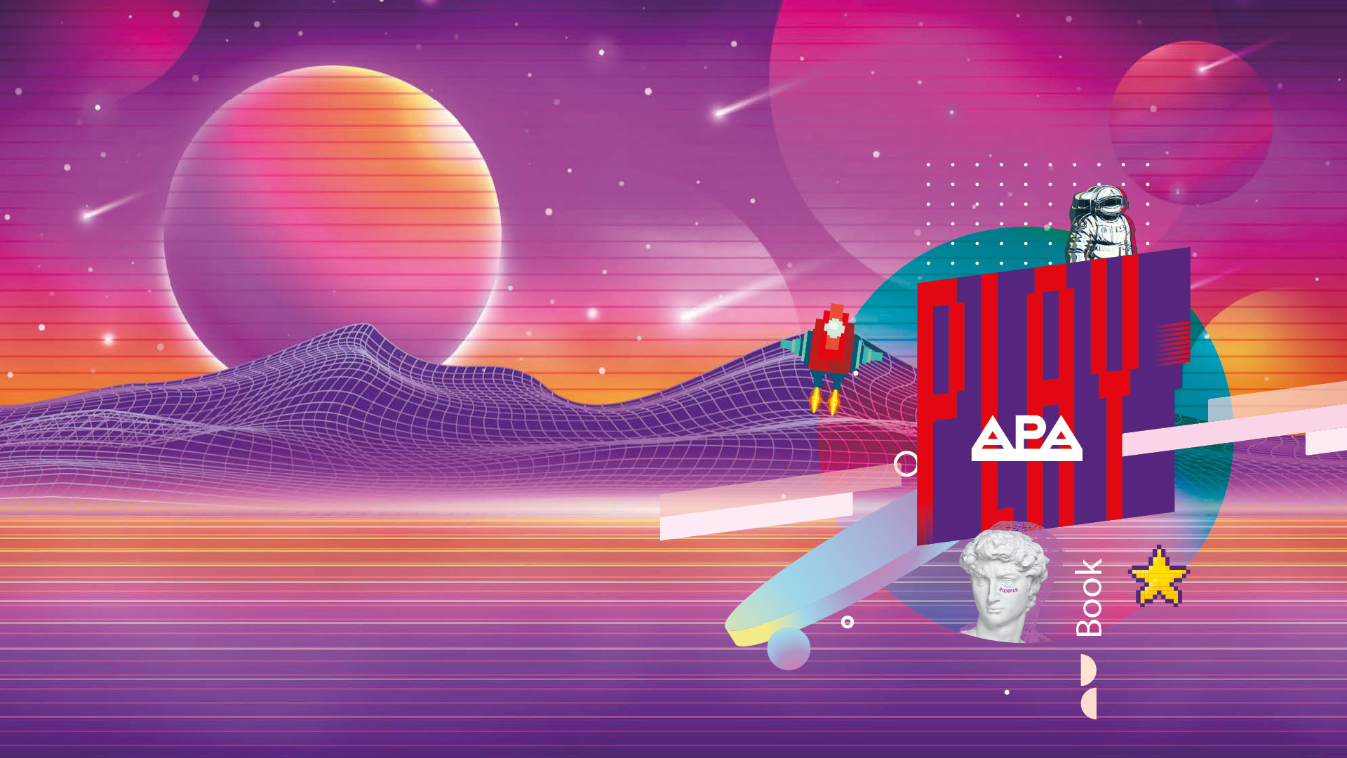 Farbenfrohe retro-futuristische Grafik für eine Awareness-Kampagne mit dem Wort „PLAY“, mit einer Büste, einem Astronauten, einer Rakete, einem Pixelstern und geometrischen Formen vor einem lebendigen, abstrakten Hintergrund.