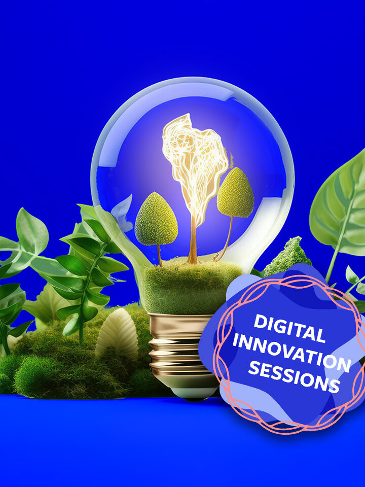 Eine Glühbirne mit kleinen Bäumen und Moos darin, umgeben von grünen Pflanzen, auf blauem Hintergrund. Auf dem Schild davor steht „DIGITAL INNOVATION SESSIONS“.