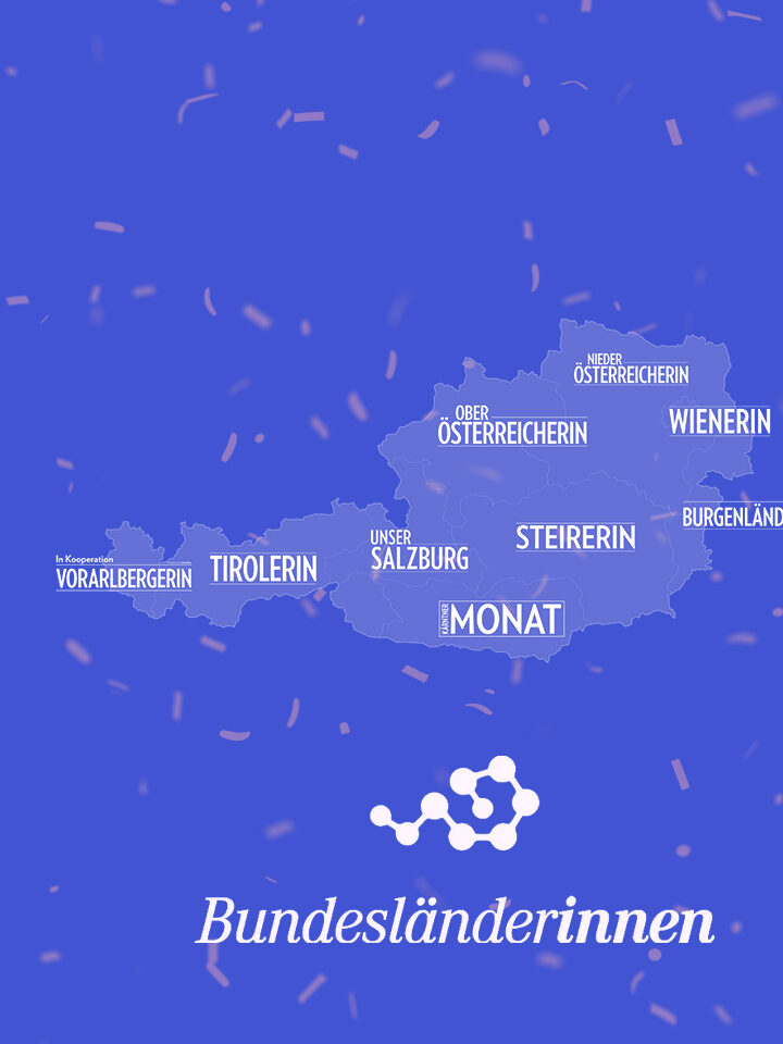 Karte von Österreich mit den Bundesländern in deutscher Beschriftung auf blauem Grund, verstreutem Konfetti und dem Wort „Bundesländerinnen“ am unteren Rand – perfekt für Vermarktungs- oder COPE Netzwerk-Präsentationen.