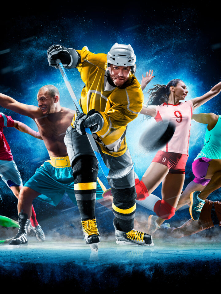 Eine Collage von Sportlern in Aktion, darunter ein Hockeyspieler, Fußballspieler, ein Volleyballspieler, ein Boxer, ein Basketballspieler und ein Läufer vor einem dunklen, dynamischen Hintergrund.