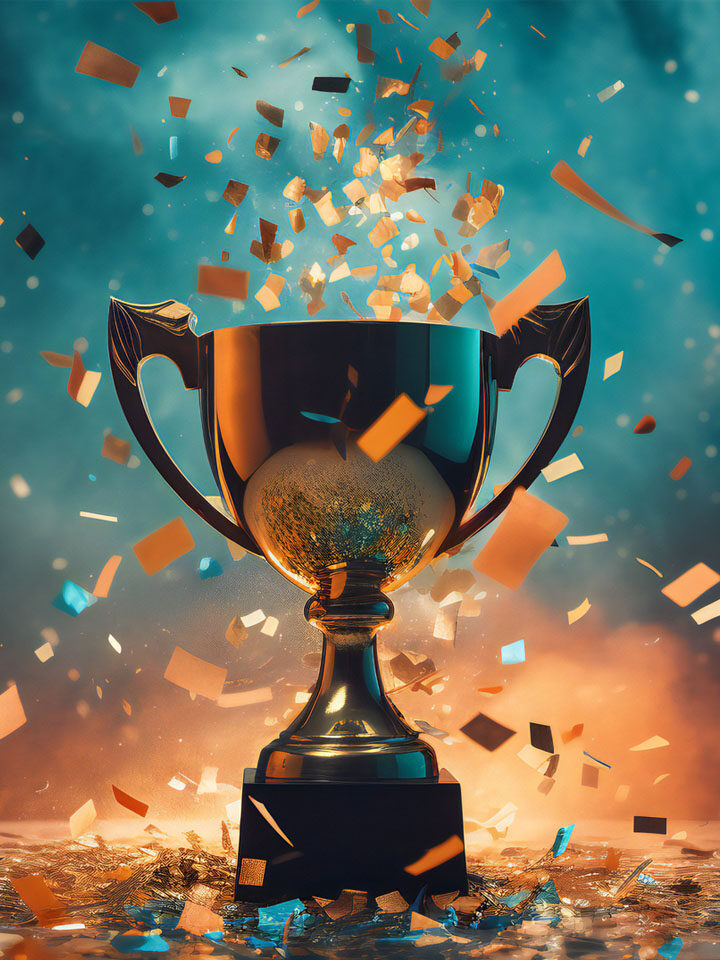 Eine goldene Trophäe steht auf einer reflektierenden Oberfläche, um sie herum regnet Konfetti, vor einem dramatischen, farbenfrohen Hintergrund.