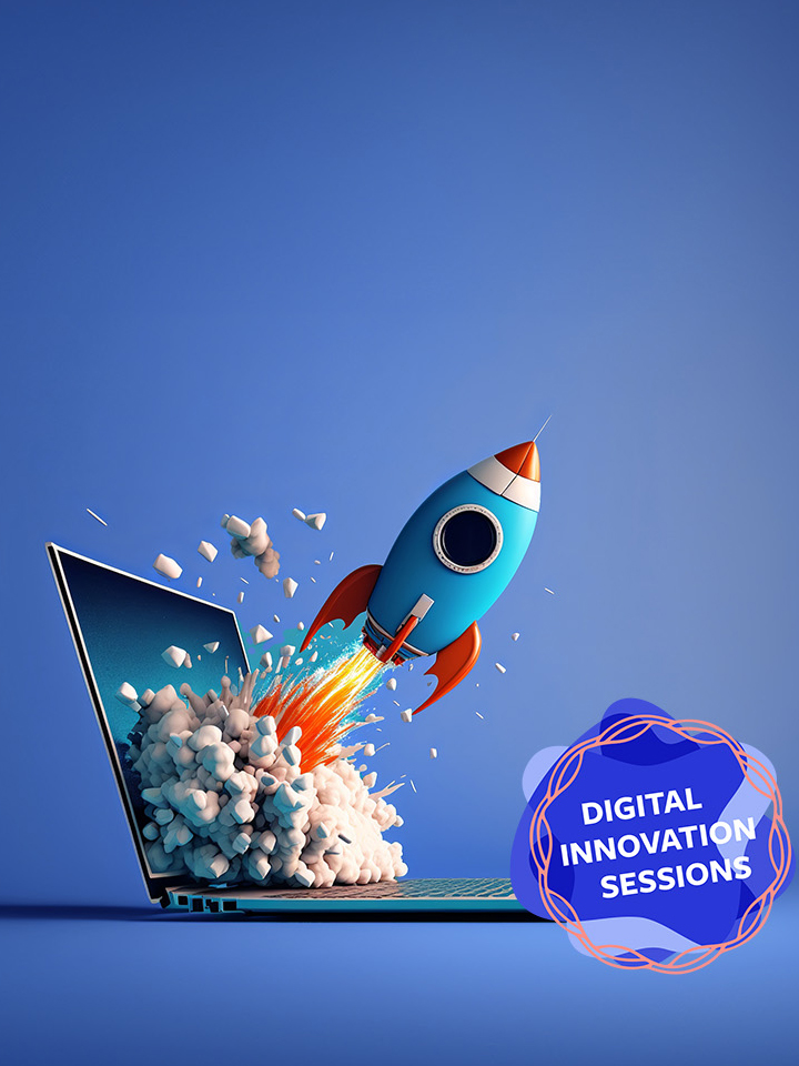 Eine Rakete startet von einem Laptop-Bildschirm mit Rauchwolken als Symbol für Innovation. In der Ecke steht ein Schild mit der Aufschrift „Digital Innovation Sessions“.