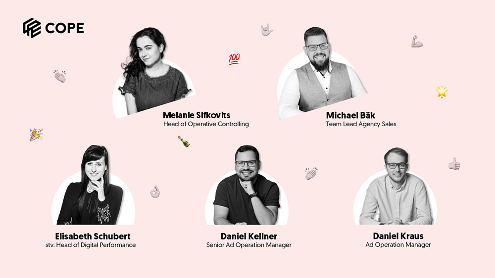 Gruppenfoto von fünf COPE-Mitarbeitern, jeweils mit Namen, Berufsbezeichnung und Emojis um ihr Porträt, angezeigt auf einem hellen Hintergrund mit dem COPE-Logo in der oberen linken Ecke.