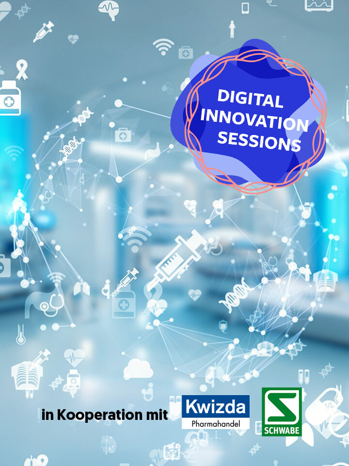 Grafik „Digital Innovation Sessions“ überlagert auf einem unscharfen medizinischen Hintergrund mit Symbolen medizinischer Geräte und Symbole. Unten sind die Logos von Kwizda Pharma und Schwabe zu sehen.