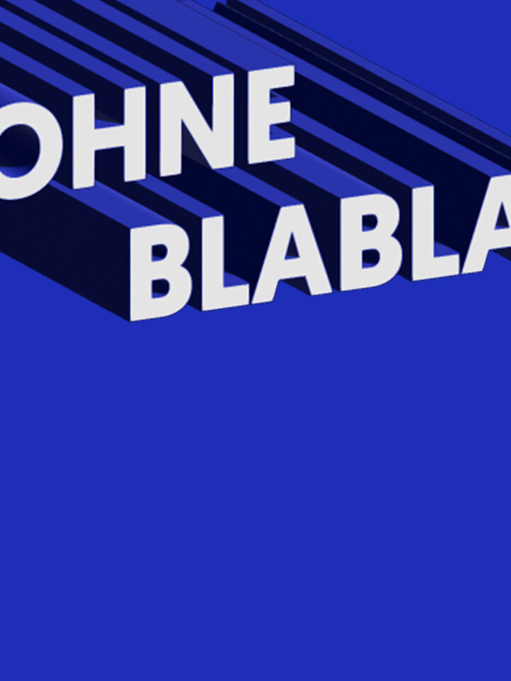3D-Text „OHNE BLABLA“ auf blauem Hintergrund mit Schatteneffekt.