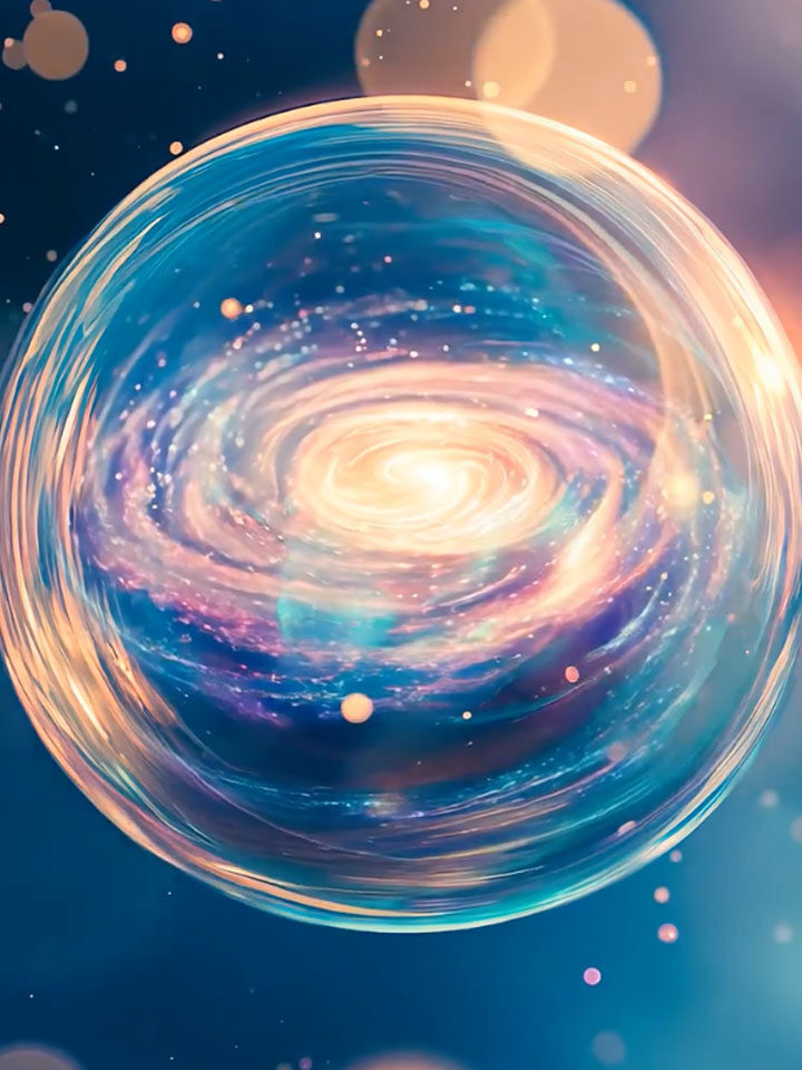 Eine wirbelnde Galaxie, eingeschlossen in einer transparenten Kugel mit farbenfrohen kosmischen Mustern und verstreuten leuchtenden Partikeln auf einem dunklen Hintergrund.