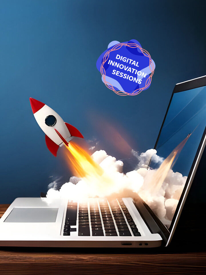Eine Rakete startet mit Rauch und Flammen von einer Laptoptastatur und symbolisiert digitale Innovation. Auf einem Schild steht „Digital Innovation Sessions“.