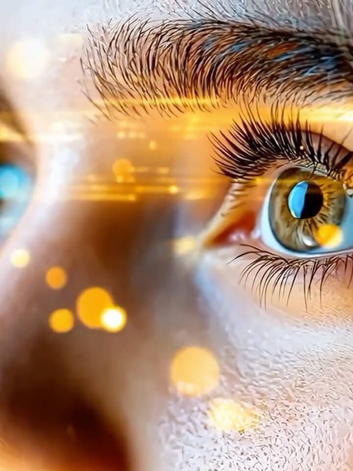 Nahaufnahme des Gesichts einer Person mit Fokus auf das Auge, wobei goldene Lichtreflexionen und Bokeh-Effekte das Bild überlagern.